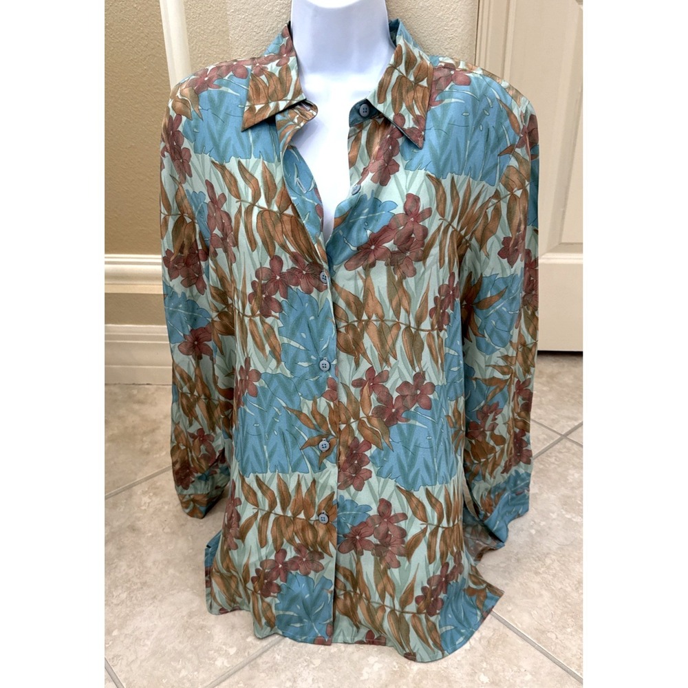 Silk Lore Womens Sz‎ M 100% Silk Long Sleeve Blue Green Floral Button up Blouse